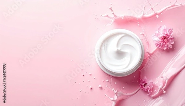 Fototapeta Top-view of a white cream jar surrounded by pink floral blooms and splashes on a pale pink background