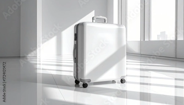 Fototapeta A sleek, white suitcase on a polished floor, bathed in bright sunlight streaming through large windows in a minimalist, modern space