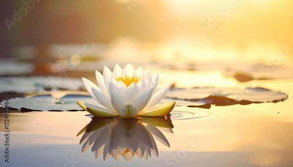 Fototapeta Elegant white flower rests on water, its reflection shimmering in the golden light of dawn. Lily pads surround it in a tranquil scene