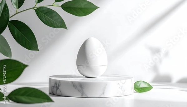 Fototapeta White egg-shaped object on marble pedestal, surrounded by green leaves against a bright white background with soft, sunlit shadows