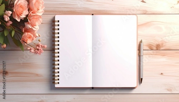 Fototapeta Open blank notebook on wood, paired with a pen and delicate pink roses, bathed in soft light