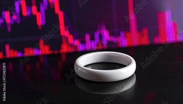 Fototapeta White ceramic ring on a glossy black surface against a blurred backdrop of red and purple abstract shapes mimicking a financial stock chart