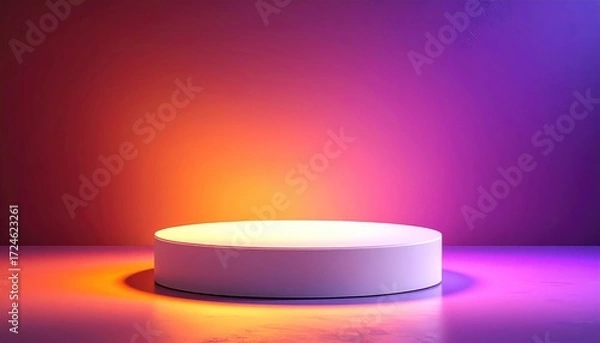 Fototapeta Plain white round podium, center stage, under warm and cool gradient spotlights on reflective marble-like surface, against a vibrant gradient wall