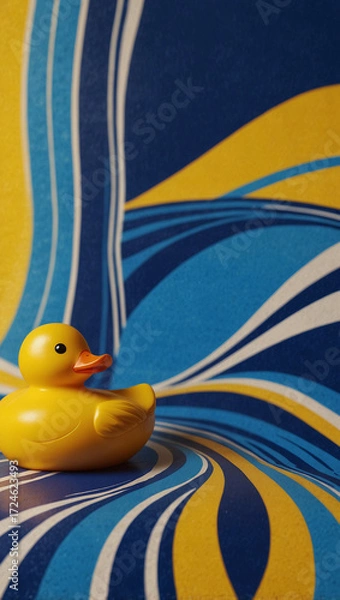Fototapeta Playful Yellow Rubber Duck on Blue and White Striped Waves – Minimalist Whimsical Toy Design