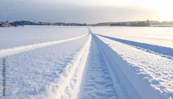 Fototapeta Snow tracks stretch to distant horizon, fading into sunlight over a frozen field in a wintry, serene landscape under a slightly clouded sky