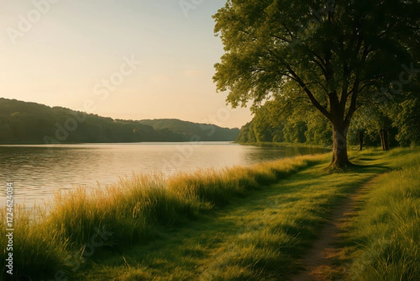Fototapeta Peaceful riverbank with green grass and large tree under warm sunlight