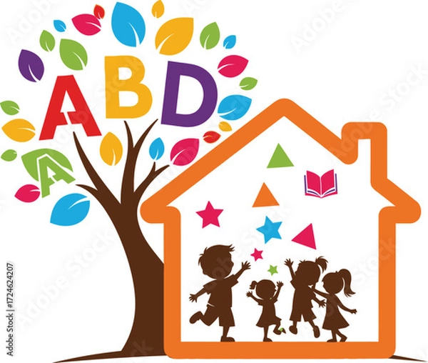 Fototapeta Children Playing in House with ABC Tree Illustration kids home letters alphabet education school learning vector graphic