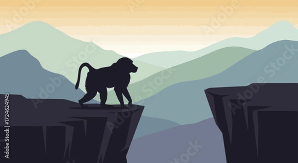 Fototapeta Silhouette of a Baboon Standing on a Cliffside Overlooking a Mountain Range.
