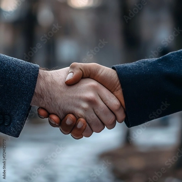 Fototapeta Closeup of a firm handshake between two business partners, symbolizing trust, agreement, and a successful collaboration outdoors