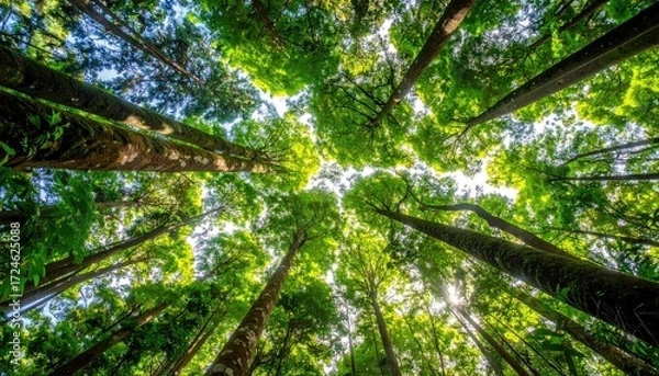 Fototapeta A low-angle shot gazing upward through a lush forest canopy, revealing a bright sky through the vibrant green leaves and tall tree trunks