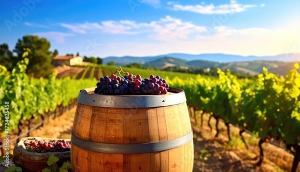 Fototapeta Ripe grapes sit atop a wooden barrel in a vineyard, bathed in golden sunlight with rolling hills and a farmhouse in the background