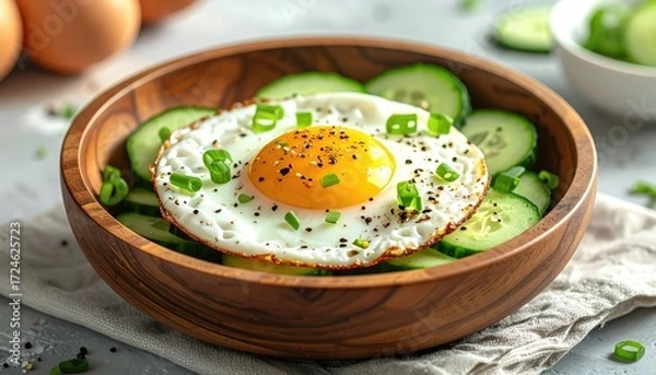 Fototapeta Fried egg atop cucumber slices in wood bowl, garnished with chives, resting on linen, with blurred eggs in the background