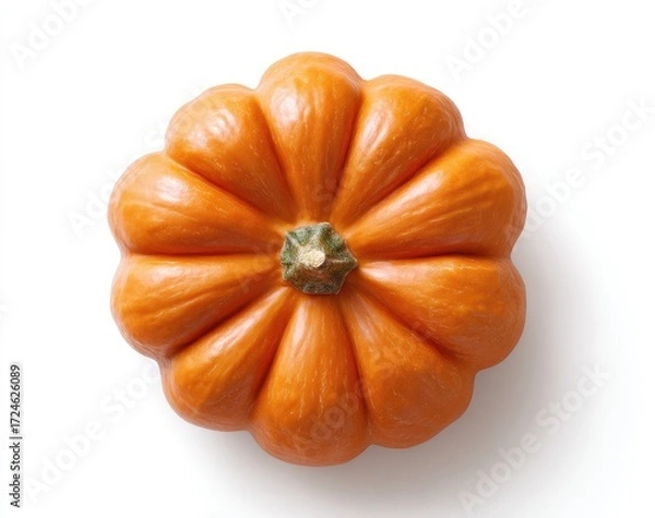 Fototapeta Overhead view of a small, orange pumpkin.  It's a  round, deeply ridged fruit, with a light orange color, centered on a bright white background.  The stem is visible