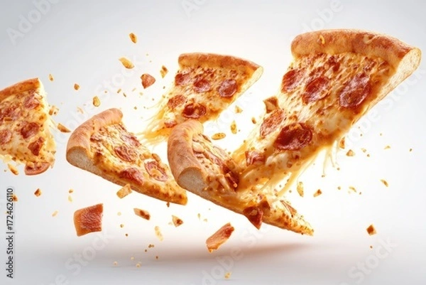 Fototapeta Pizza slices flying,  melted cheese,  crispy crust,  delicious