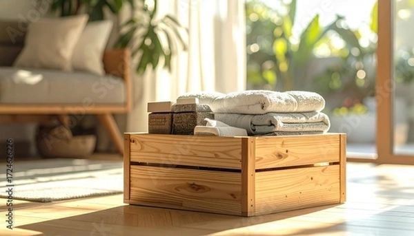 Fototapeta Stacked towels & decorative boxes in a wooden crate on a sunlit floor; minimalist setting, couch and plants blur in the background
