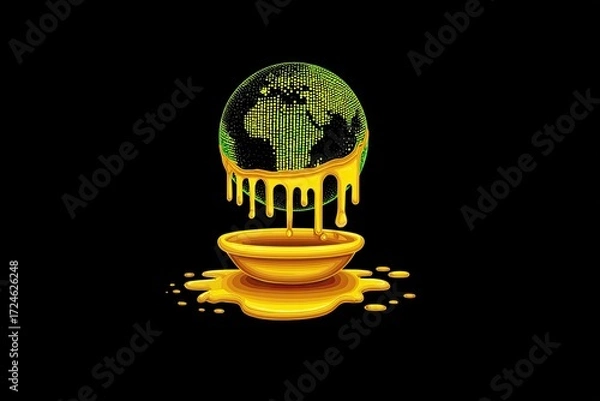 Fototapeta A stylized Earth, rendered in green and overlaid with a digital pattern, is depicted melting into a golden bowl-like object, overflowing with liquid gold
