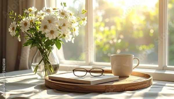 Fototapeta Sunny windowsill daisies in a glass vase, spectacles on a notebook, and a mug of tea, all sitting on a rustic, round wooden tray