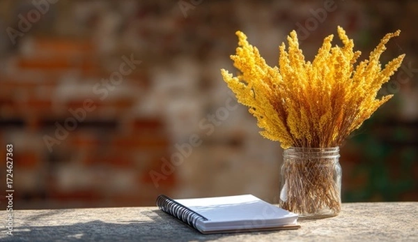Fototapeta Yellow flower bouquet in glass jar, beside a notebook