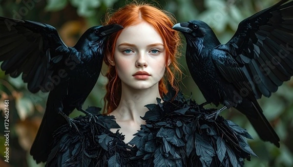 Fototapeta Ginger haired woman in dark feathers, with two black ravens perched upon her shoulders, staring intensely amidst a blurred green foliage background