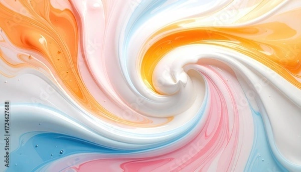 Fototapeta Swirling abstract image of pastel colored fluids blended together, orange, white, pink, and blue creates a soft, flowing, marbled appearance