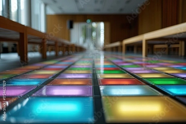 Fototapeta Colorful LED floor tiles in a modern hallway
