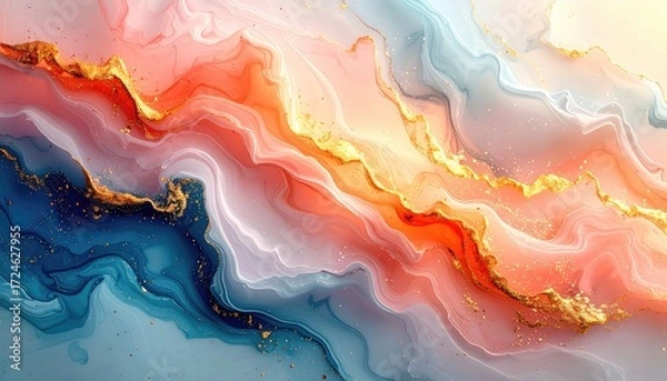 Fototapeta Abstract fluid art featuring swirling layers of soft peach, blue, and white hues, accented with golden veins creating a marbled effect