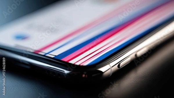 Fototapeta Close-up of a silver smartphone.  Colorful vertical stripes on the screen.  Metallic edge.  Dark background