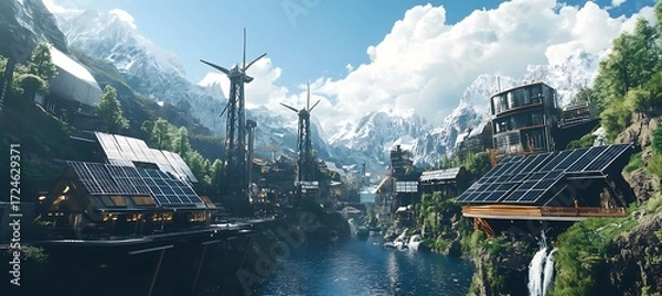 Fototapeta Futuristic city nestled in a valley with mountains and advanced architecture