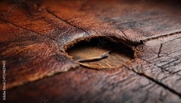 Fototapeta Worn brown leather with a hole