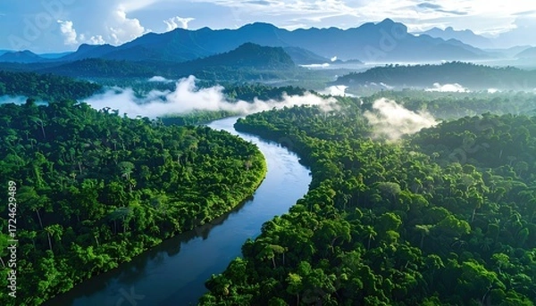 Fototapeta Lush green forest, traversed by a winding river, under a bright sky. Mountains stand in the distance, shrouded in mist