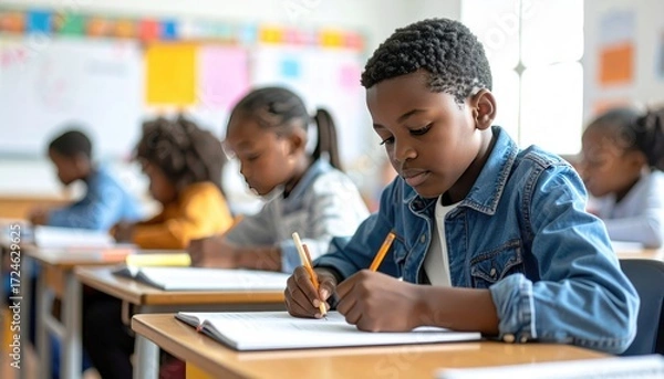 Fototapeta Students focused on writing. Diverse children sit in a bright classroom, pens in hand, working on paper, with desks lined in organized rows