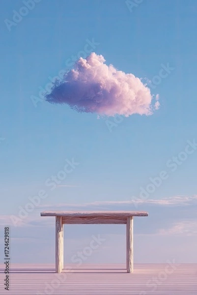 Fototapeta A pale pink cloud hovers above a simple, light-colored wooden table against a pastel sky