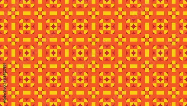 Obraz Seamless Red and Yellow Geometric Pattern – Abstract Symmetry Background. pattern in vibrant red and yellow tones, featuring squares, diamonds, and star-like shapes arranged in perfect symmetry