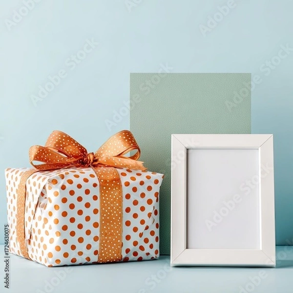 Fototapeta A gift box with orange ribbon and polka dots, next to a white frame, against a muted background