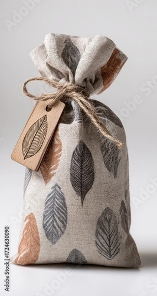 Fototapeta A fabric pouch, tied with twine, features a leaf print