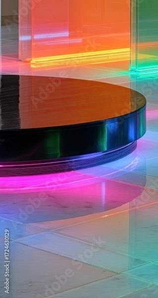 Fototapeta Circular, reflective platform bathed in vibrant, multicolored LED light.  Acrylic panels in various hues.  Modern, geometric design