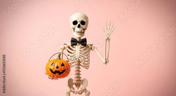 Fototapeta Skeleton with bow tie holding jack o lantern bucket on pink background