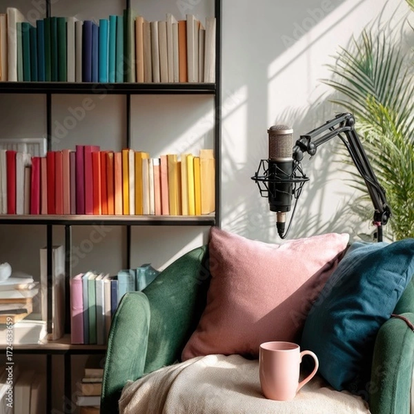 Fototapeta Cozy reading nook with bookshelves and microphone