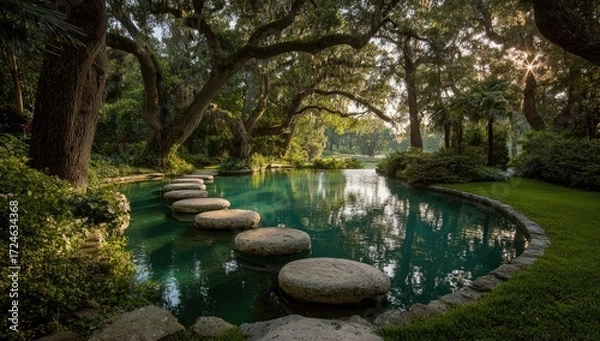 Obraz Serene water garden pathway. Lush trees and lush greenery border a tranquil pool.  Large, smooth stones form a walkway across the water.  Soft sunlight filters through the canopy