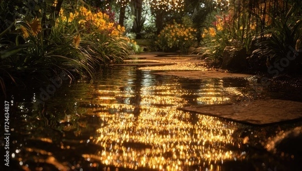 Fototapeta A pathway through a botanical garden,  water reflecting twinkling lights. Lush greenery and vibrant flowers flank the path
