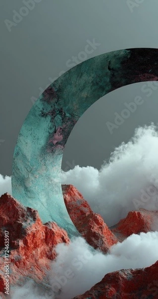 Fototapeta Abstract landscape with a teal-toned crescent moon shape.  Layered mountains, clouds, and a painted crescent arc, creating a surreal, ethereal scene