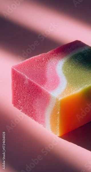 Fototapeta Close-up of a colorful bar of soap, with vibrant pink, yellow, and green swirled layers.  Sunlight casts dramatic shadows