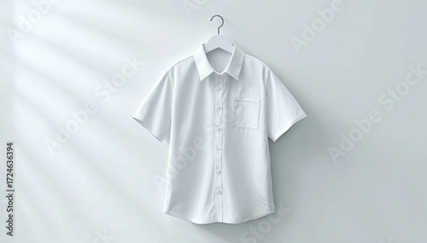Fototapeta White short-sleeved button-down shirt on hanger, minimalist style, studio shot