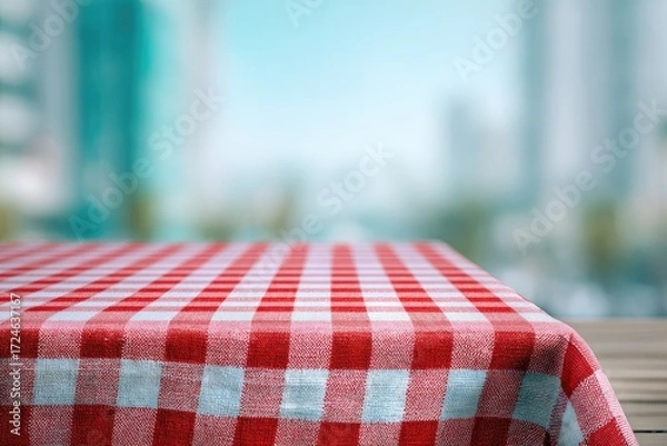 Fototapeta Red and white checkered tablecloth on a table, outdoor city view