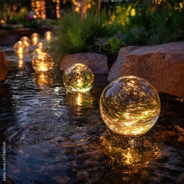 Obraz Glass orbs with lights float on a flowing stream