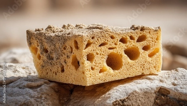 Fototapeta A porous, light yellow sponge-like rock sits atop a light beige stone surface