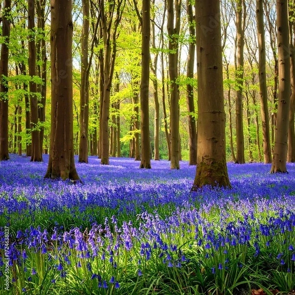 Fototapeta Sunlight streams through a forest,  ground covered in vibrant bluebells