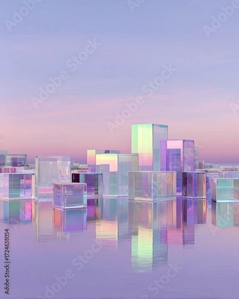 Fototapeta Pastel-toned cityscape of translucent cubes reflected in water