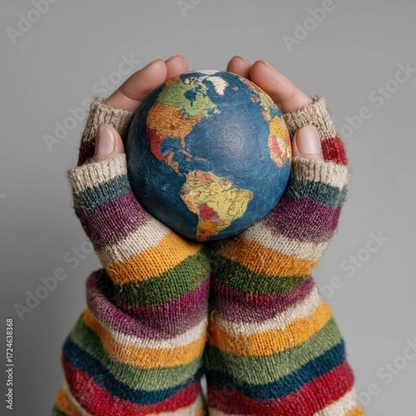 Obraz Hands holding a small globe, wrapped in colorful striped mittens, against a muted gray backdrop