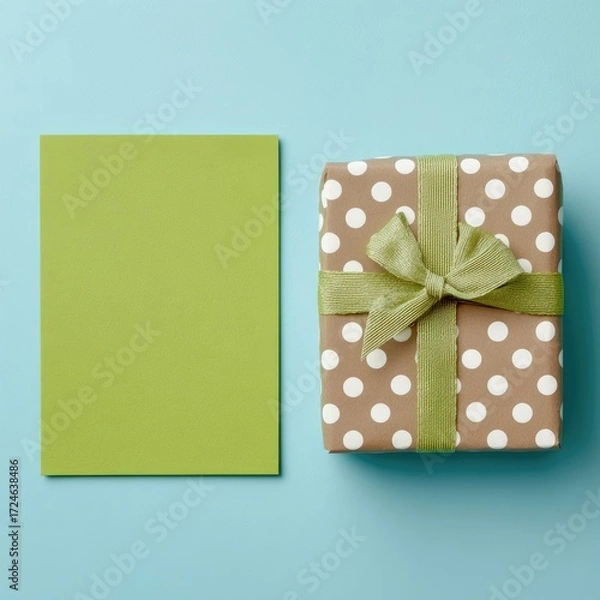 Fototapeta Flat lay of a light-olive-green rectangular card and a light-brown gift box with light-olive ribbon.  The box has a polka dot pattern